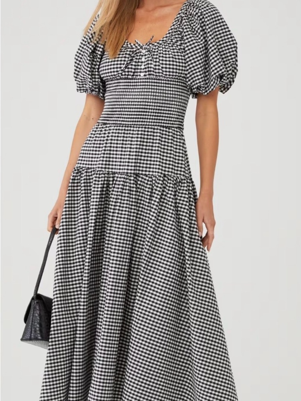 WeWoreWhat Smocked Waist Gingham Midi Dress in Black and White